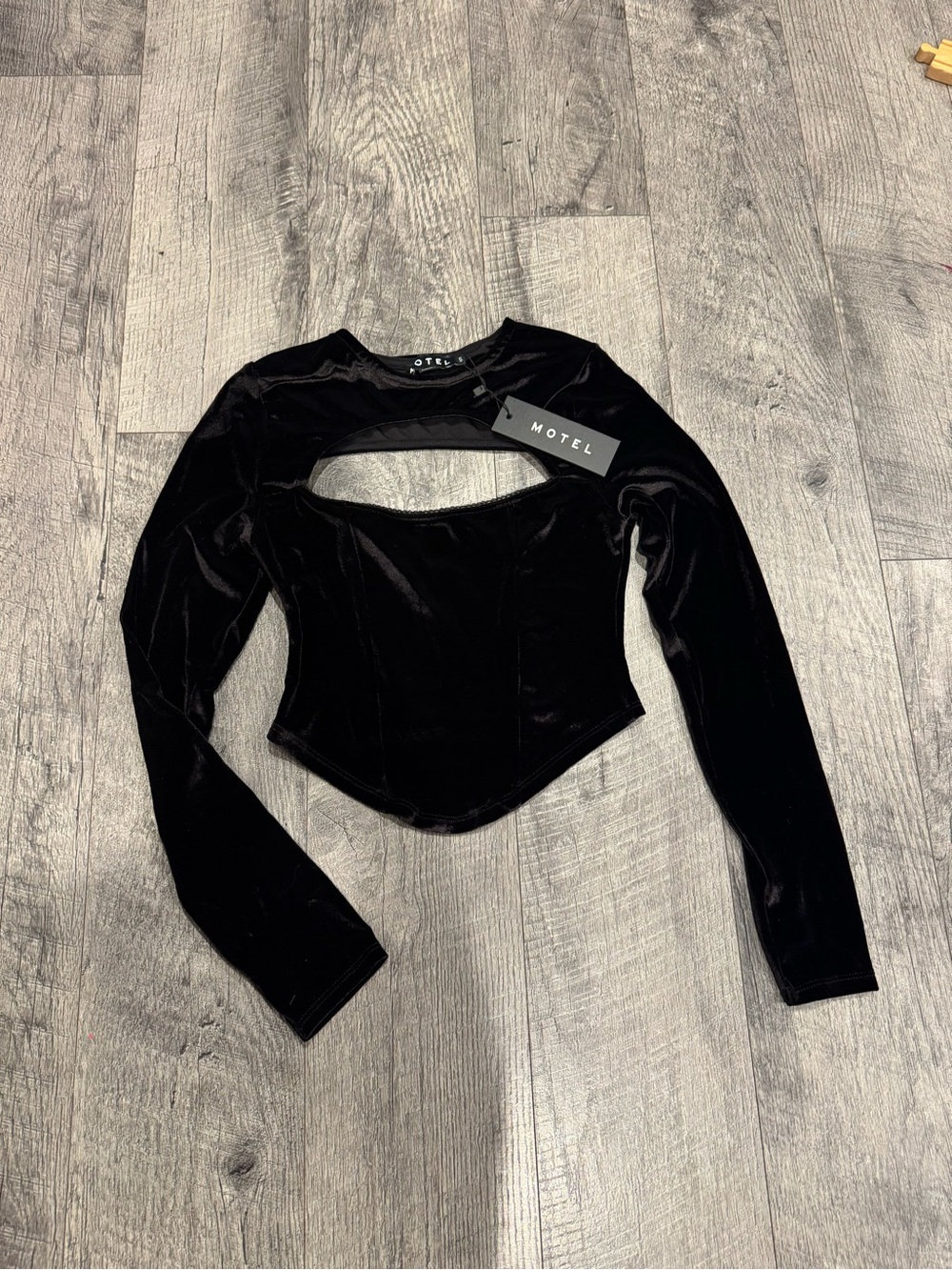 MOTEL Black Velvet Cutout Long Sleeve Corset Top
